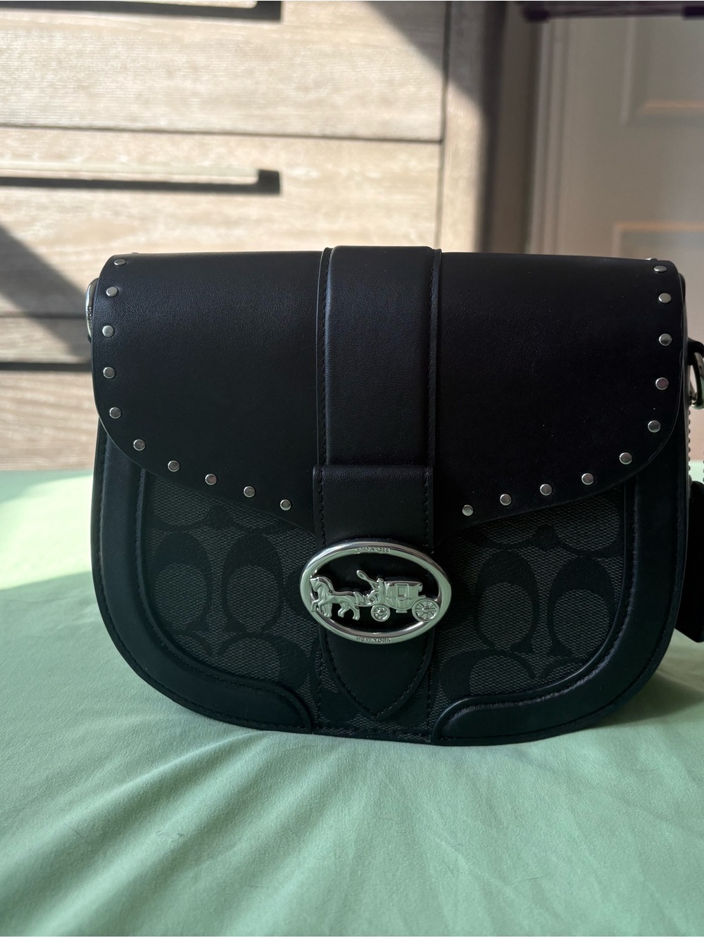 Coach Black Signature Canvas Crossbody Saddle Bag with Silver Hardware